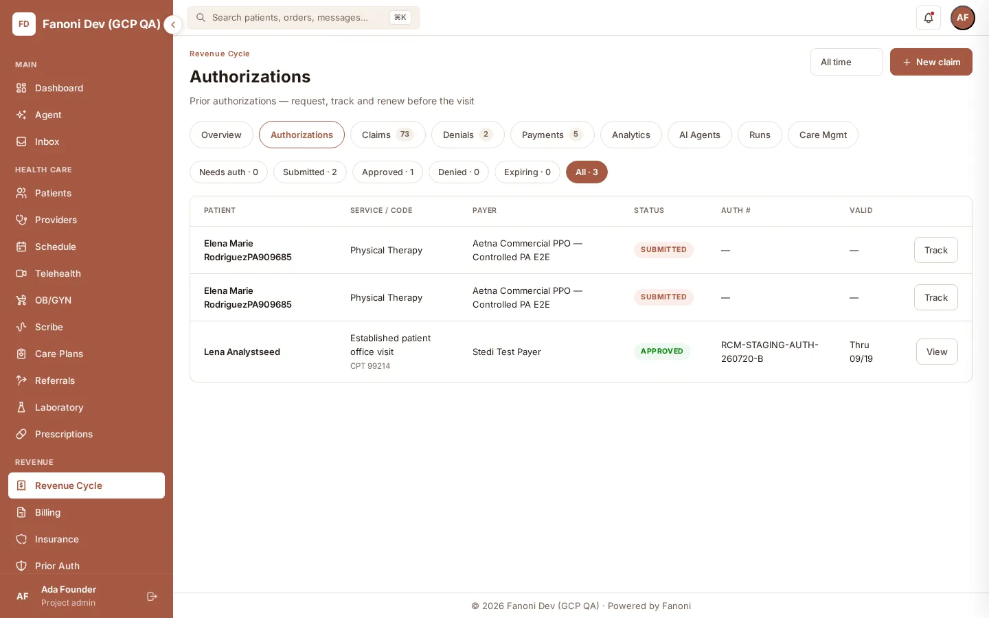 Fanoni authorization worklist with synthetic cases, payers, statuses, and next actions.