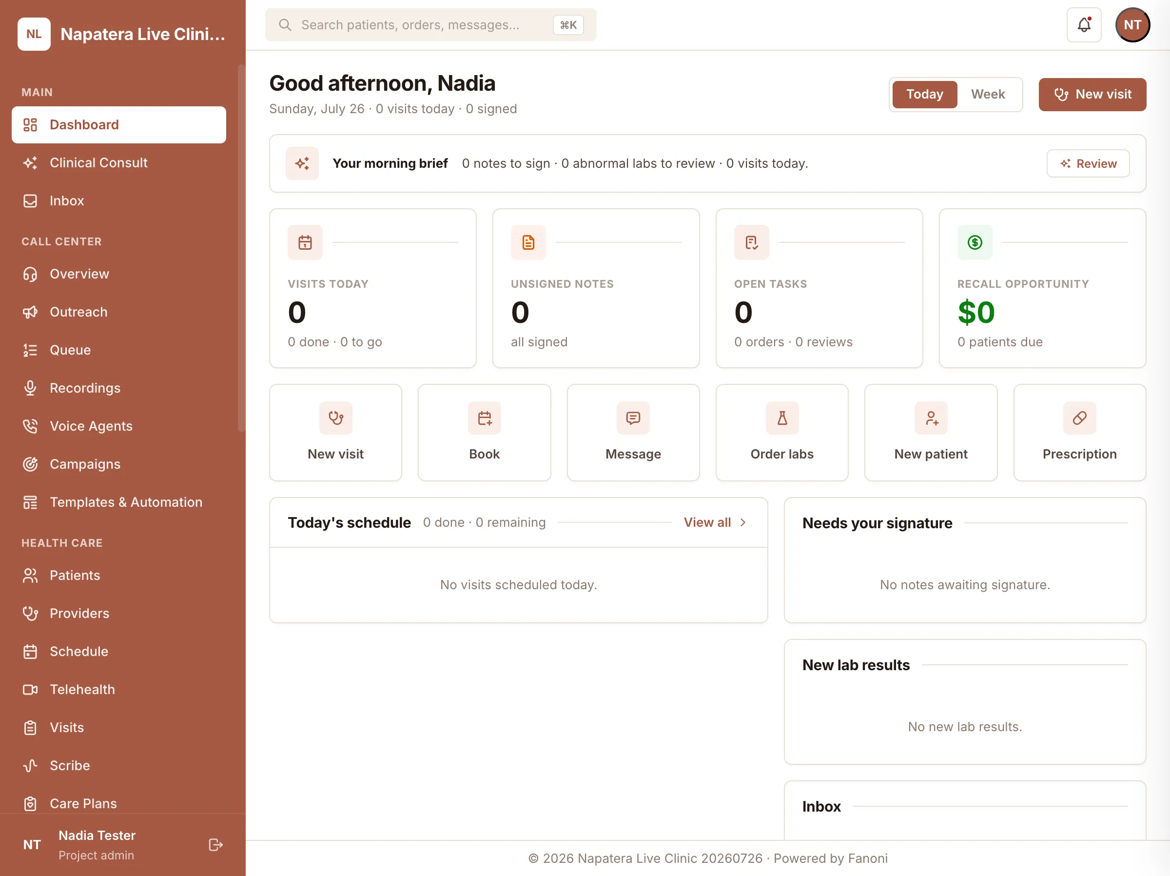 Fanoni EHR dashboard with synthetic visits, notes, tasks, and results.