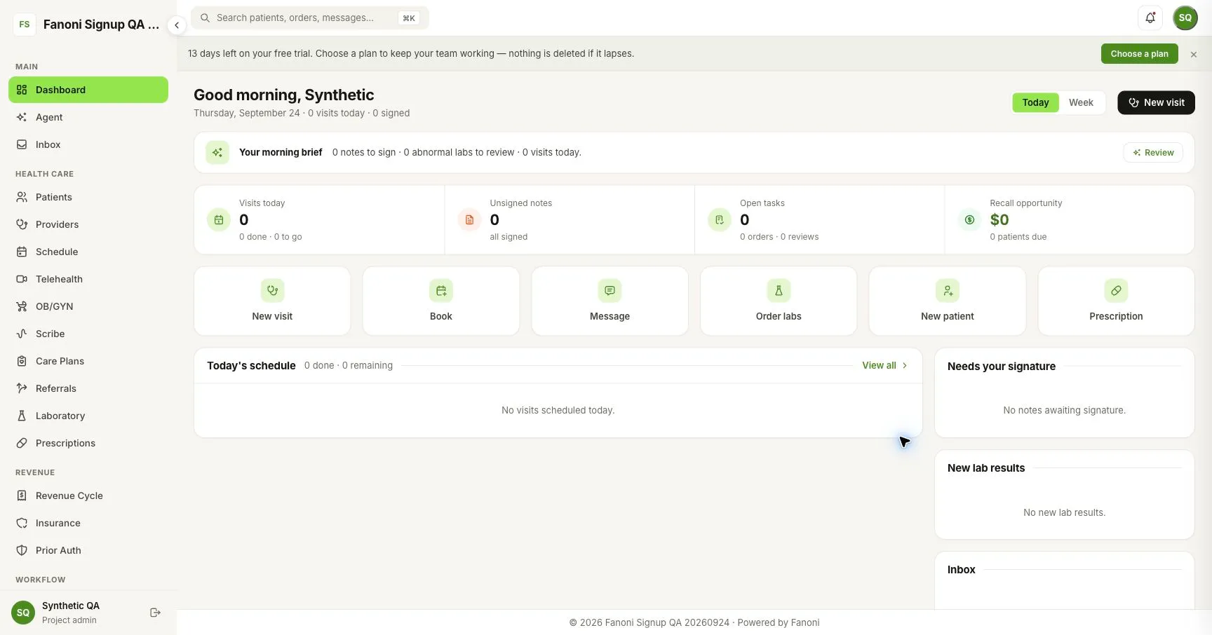 Fanoni EHR dashboard showing the daily brief, visits, unsigned notes, open tasks, results, and common clinical actions.
