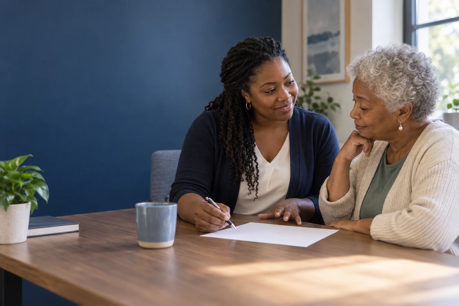 Conceptual care navigation scene: a coordinator and an older adult preparing an appointment plan. AI-generated illustration; not Fanoni staff or a patient.
