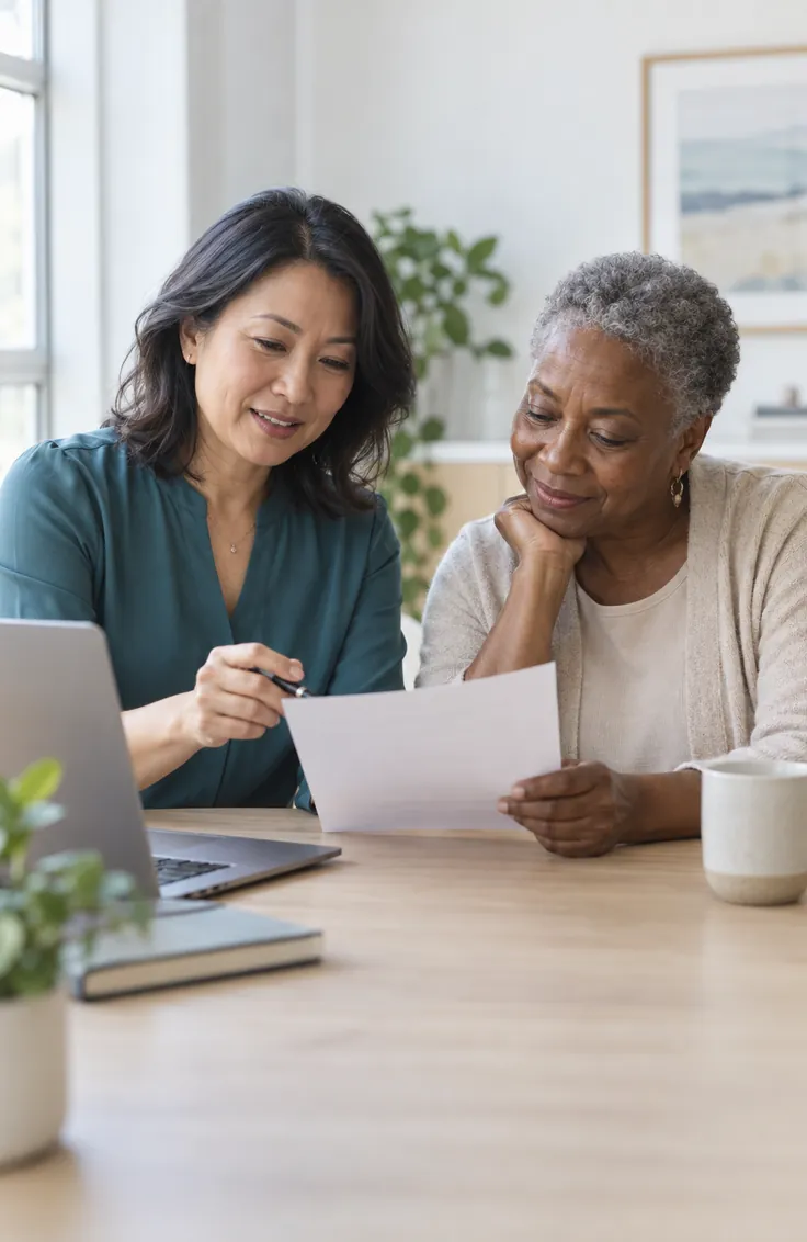 Illustrative coordinator and older adult reviewing an appointment plan. AI-generated scene; not actual Fanoni staff or patients.