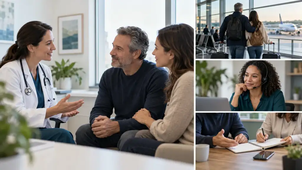 Illustrative collage of a care consultation, airport travel, a support call and appointment planning. AI-generated scenes; not actual Fanoni staff, patients or facilities.