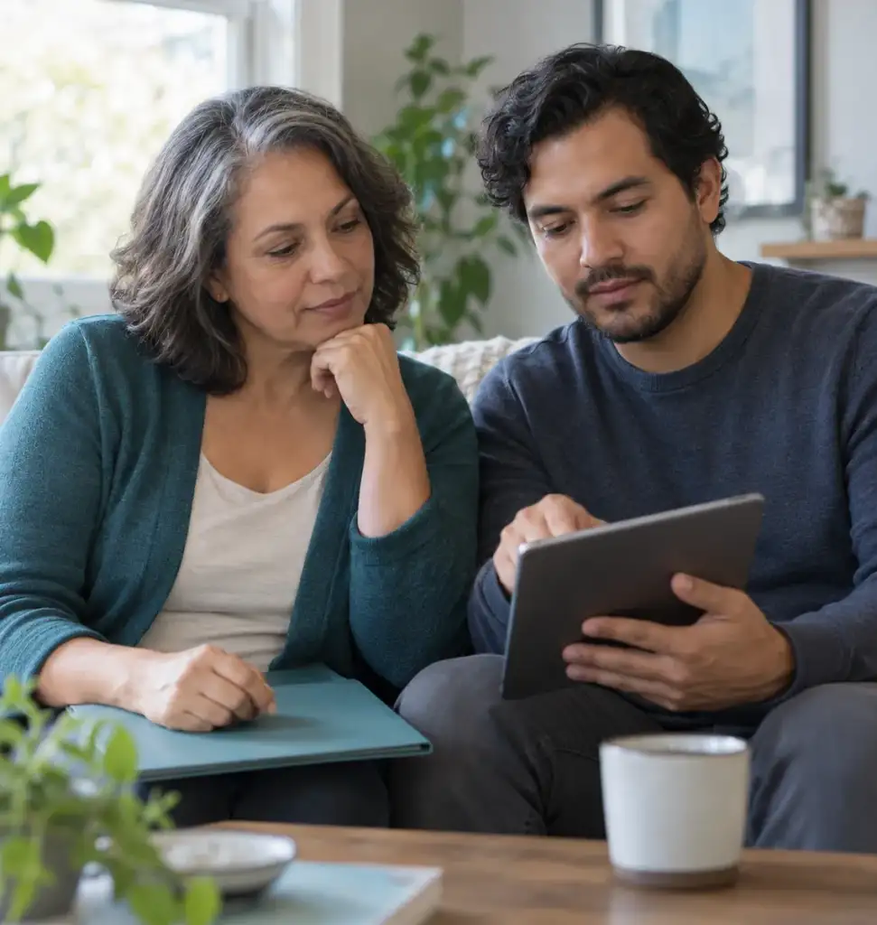 Illustrative patient and family member reviewing care information at home. AI-generated scene; not actual Fanoni patients.