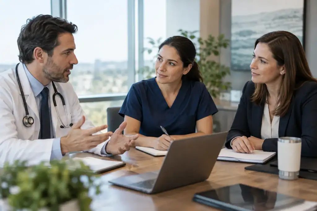 Illustrative physician, nurse coordinator and program manager planning next steps in a hospital meeting room. AI-generated scene; not actual Fanoni staff or programs.