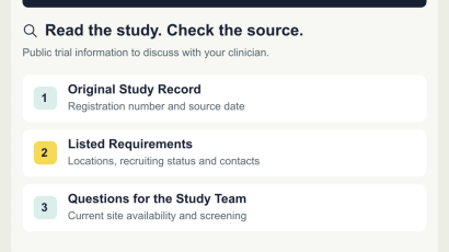 Read the study. Check the source.. Illustrative workflow: A listing does not confirm suitability or eligibility.